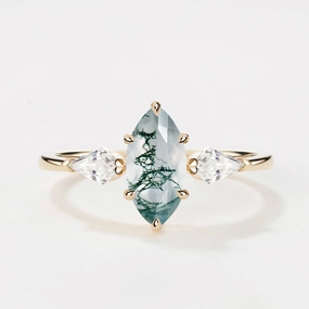 1.0ct Marquise Cut Moss Agate Three Stone Engagement Ring Luxe Mood