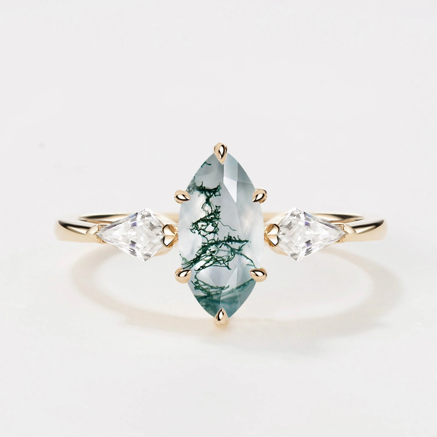 1.0ct Marquise Cut Moss Agate Three Stone Engagement Ring Luxe Mood