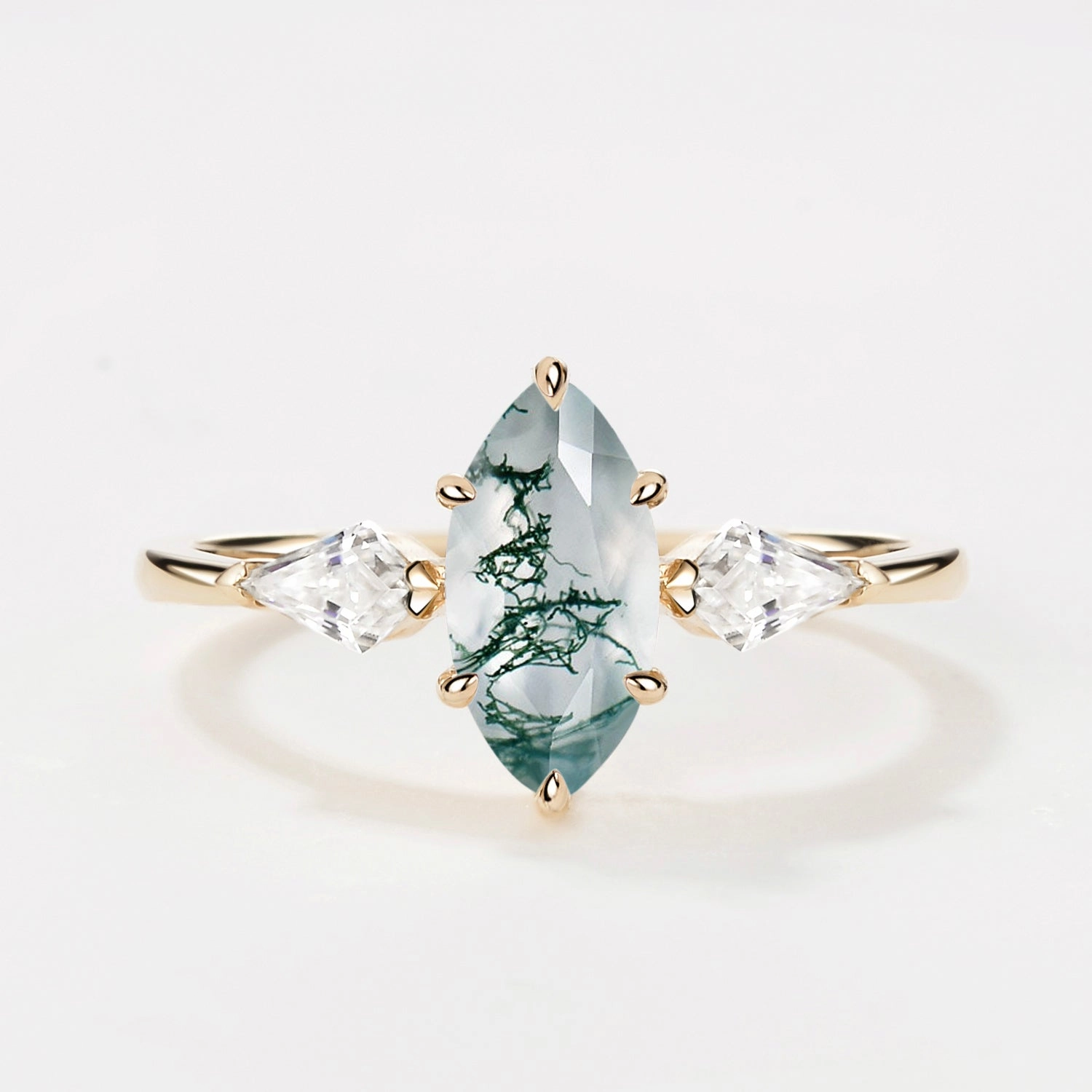 Edgy Light 1.0ct Marquise Cut Moss Agate Three Stone Engagement Ring