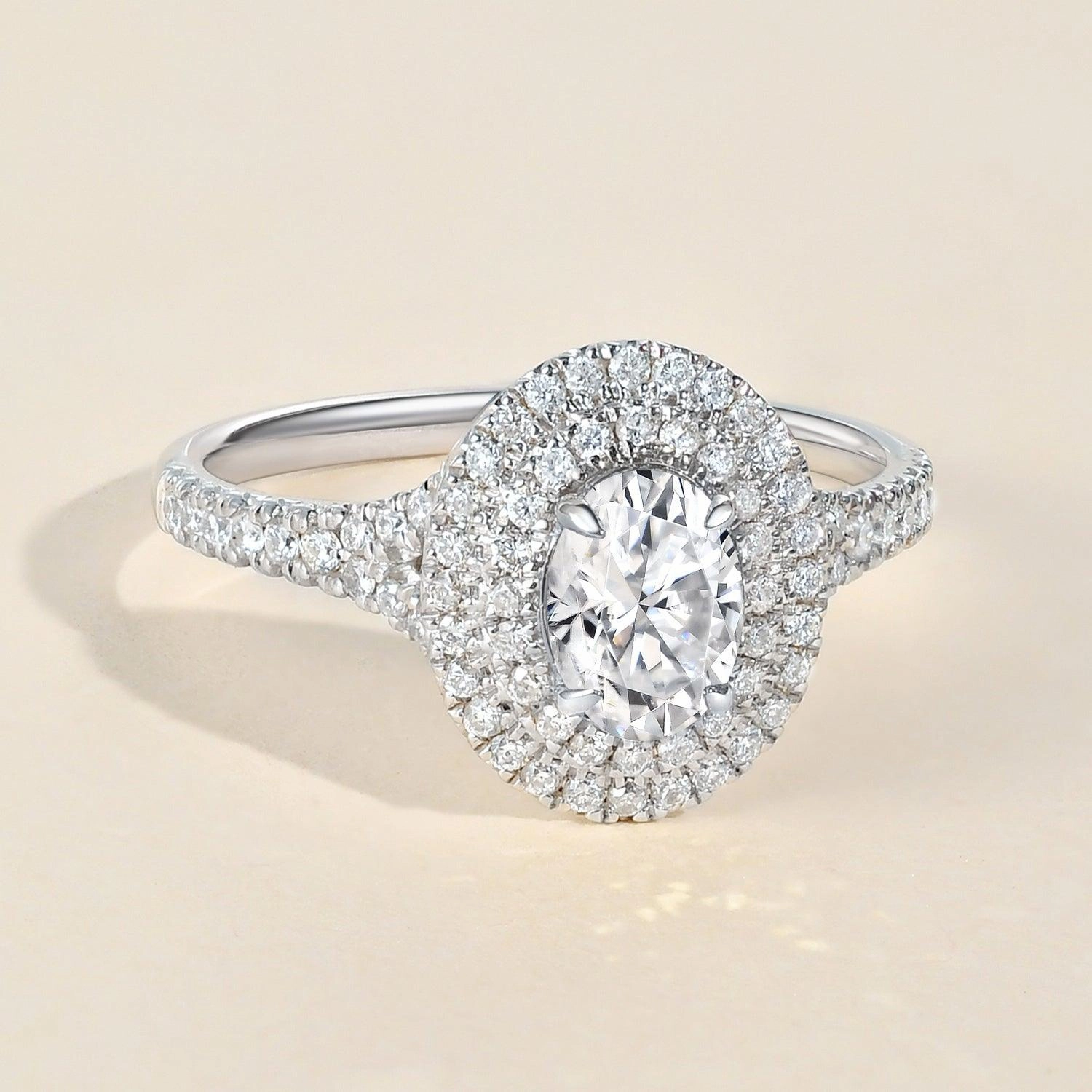 Signature Piece 1.0ct Oval Cut Moissanite Double Halo Ring