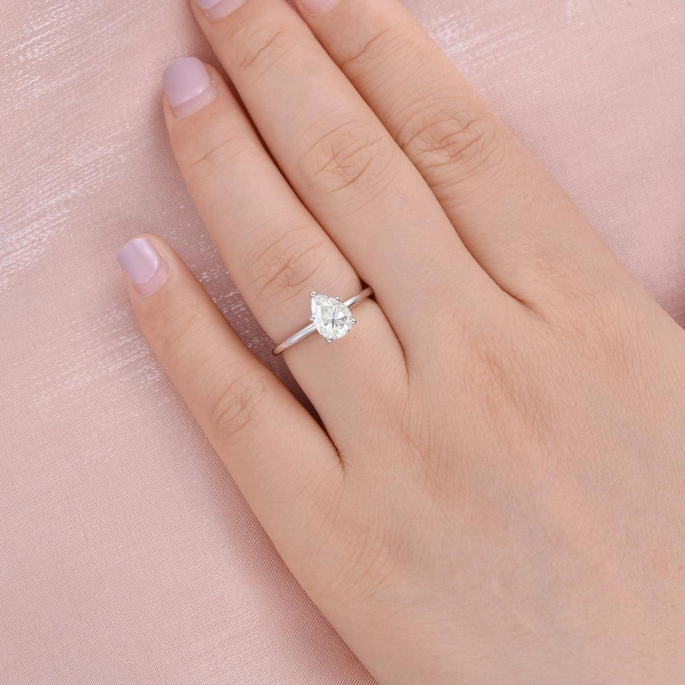 1.0ct Pear Shaped Moissanite Classic Solitaire Ring Minimalist Finish