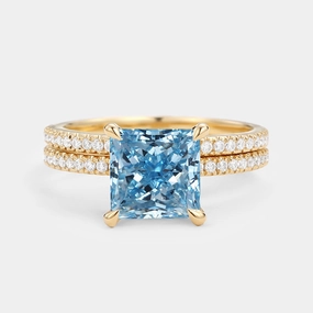 1.0ct Princess Cut Blue Lab Grown Diamond Engagement Ring Set 2pcs - Belle Glow Look