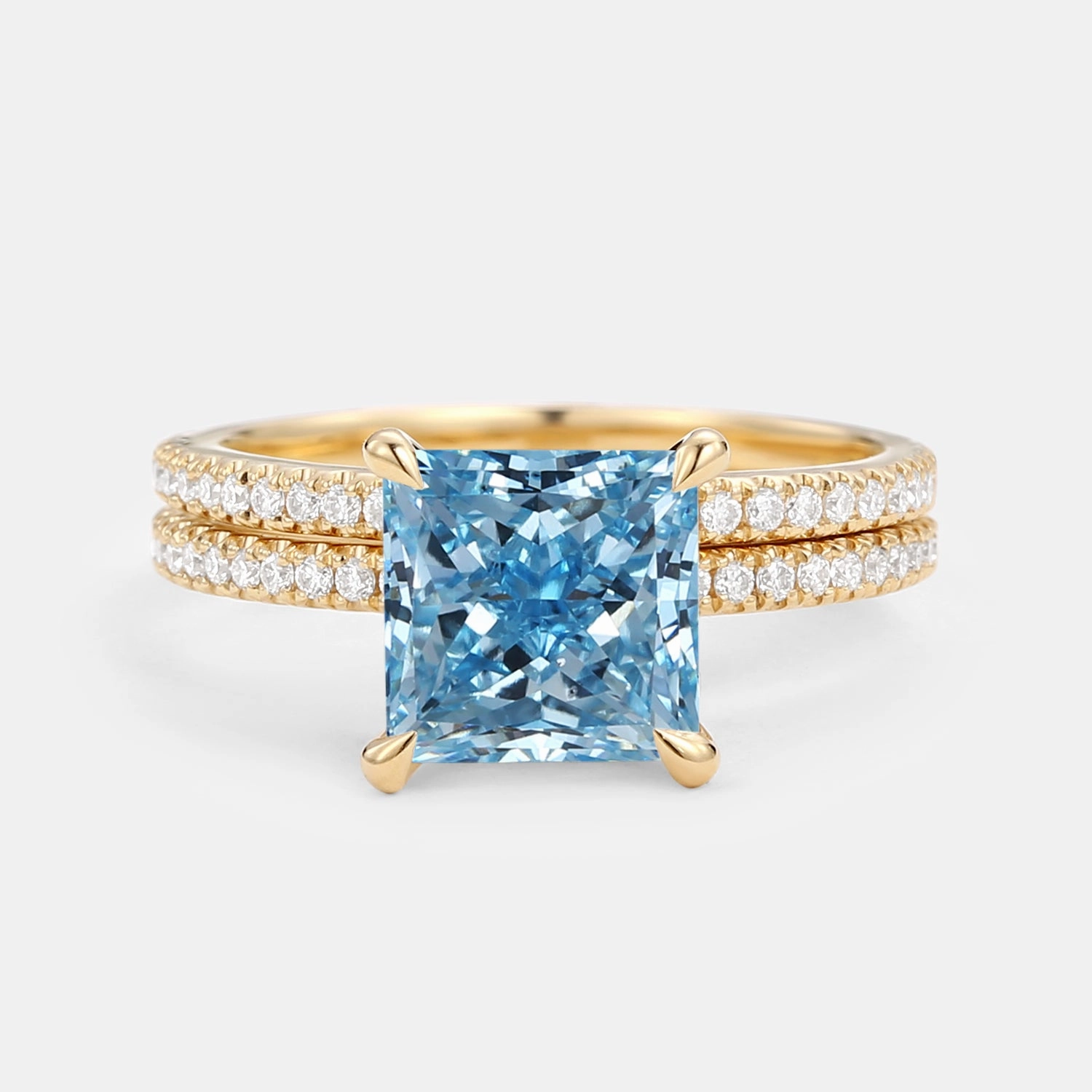 1.0ct Princess Cut Blue Lab Grown Diamond Engagement Ring Set 2pcs - Belle Glow Look