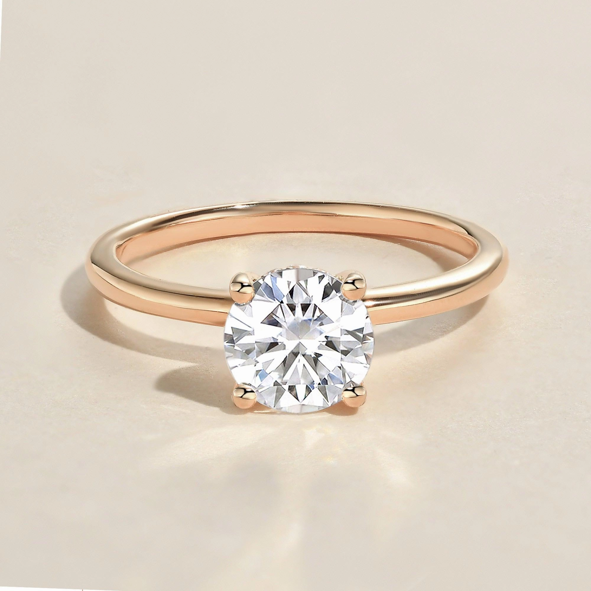 1.0ct Round Cut Moissanite Classic Hidden Halo Solitaire Ring Power Look Dazzling Detail