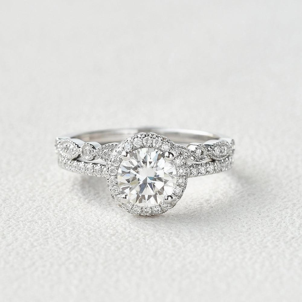 1.0ct Round Cut Moissanite Vintage Inspired Halo White Gold Ring Set 2pcs Glam Focus Subtle Beauty