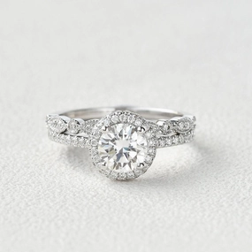 Modern Finish 1.0ct Round Cut Moissanite Vintage Inspired Halo White Gold Ring Set 2pcs
