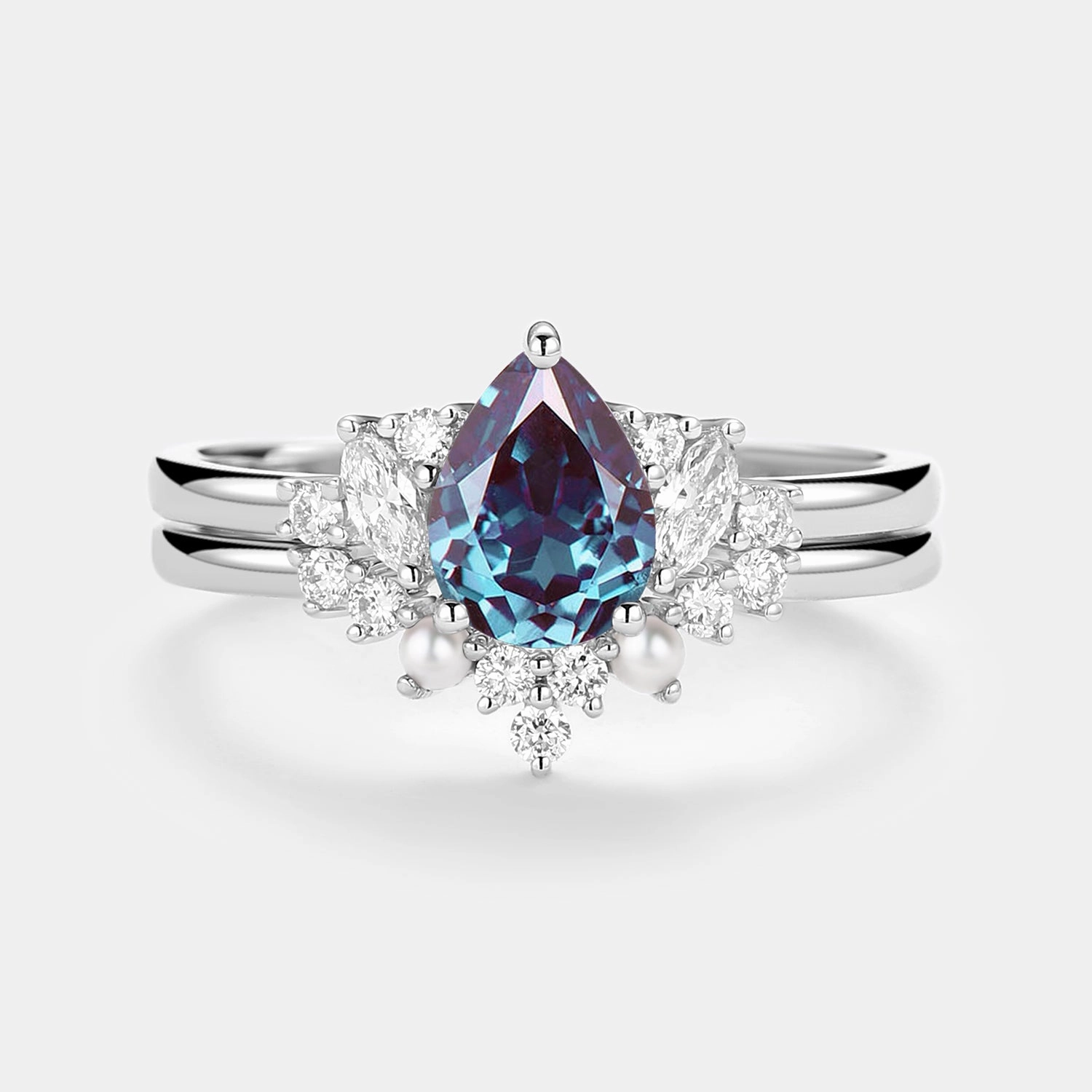 Highlight Accent 1.5ct Lab Alexandrite Pearl-fect Vintage Cluster Ring Set 2pcs - Zhuri