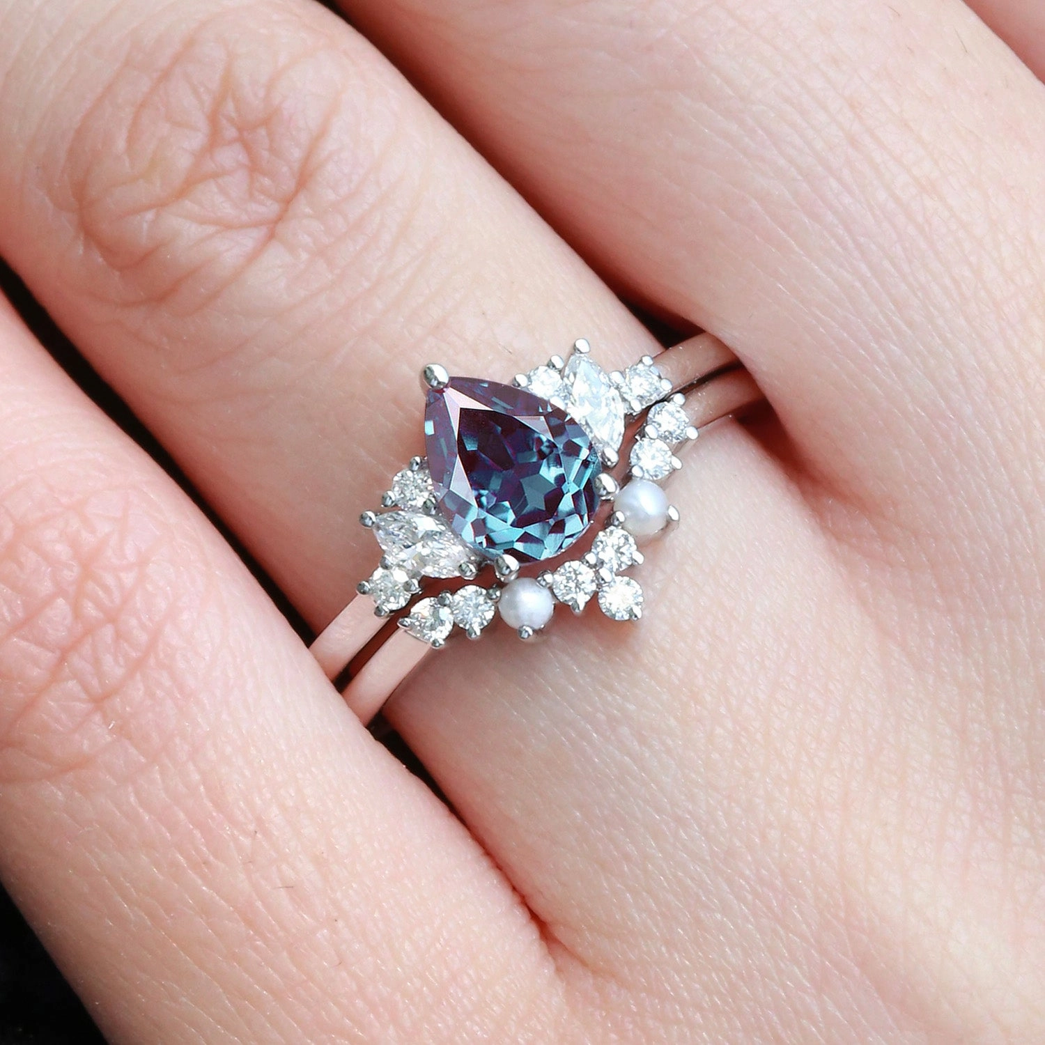 Daily Layer Tailored Mood 1.5ct Lab Alexandrite Pearl-fect Vintage Cluster Ring Set 2pcs - Zhuri