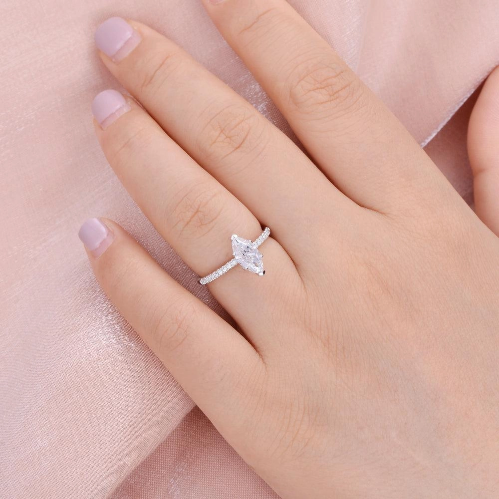 1.5ct Marquise Moissanite Pave Classic Solitaire Engagement Ring Special Accent Feminine Glow