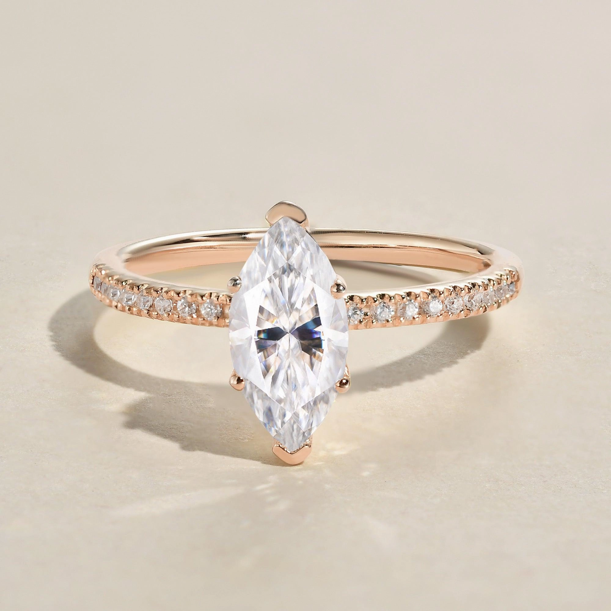 1.5ct Marquise Moissanite Pave Classic Solitaire Engagement Ring Dynamic Feature bright light