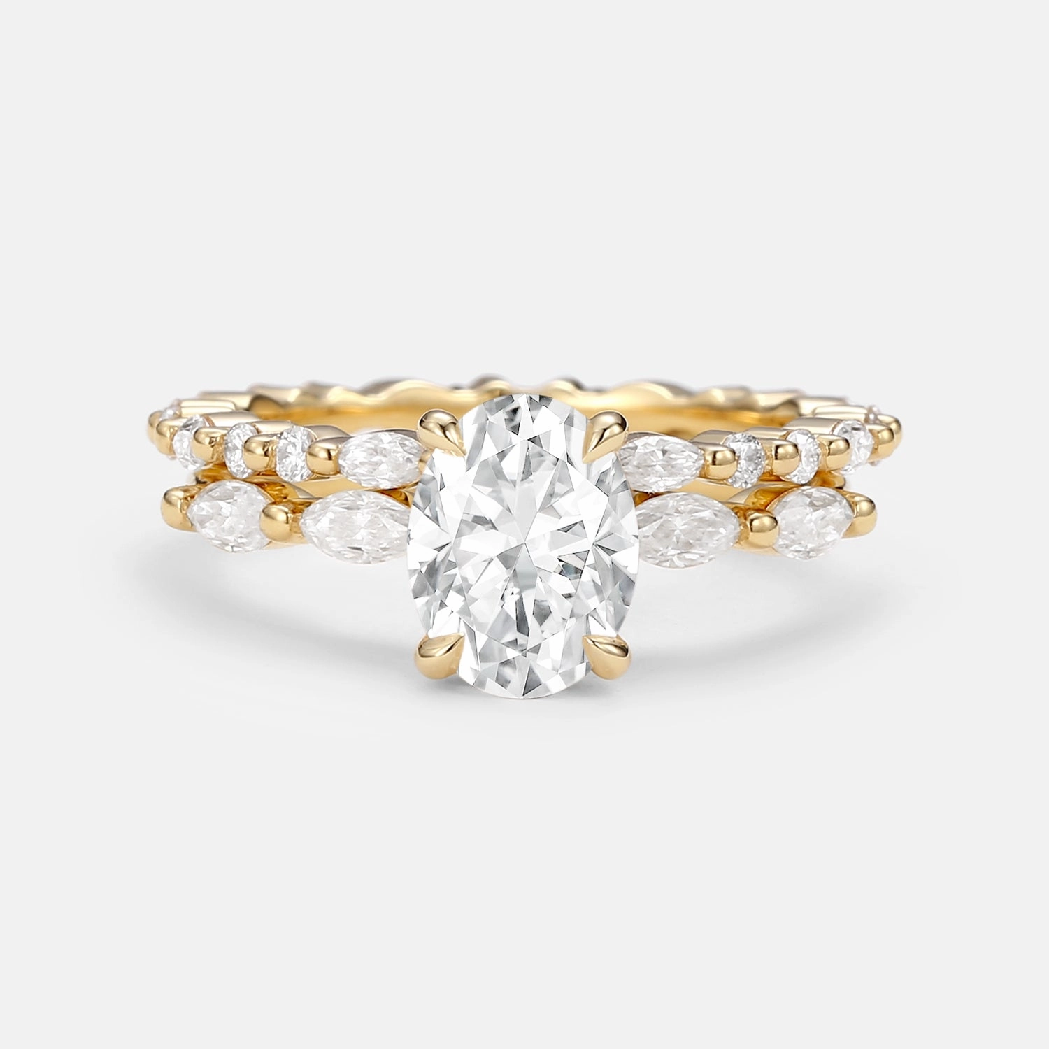 1.5ct Oval Cut Moissanite Pave Vintage Solitaire Ring Set 2pcs Brunch Date