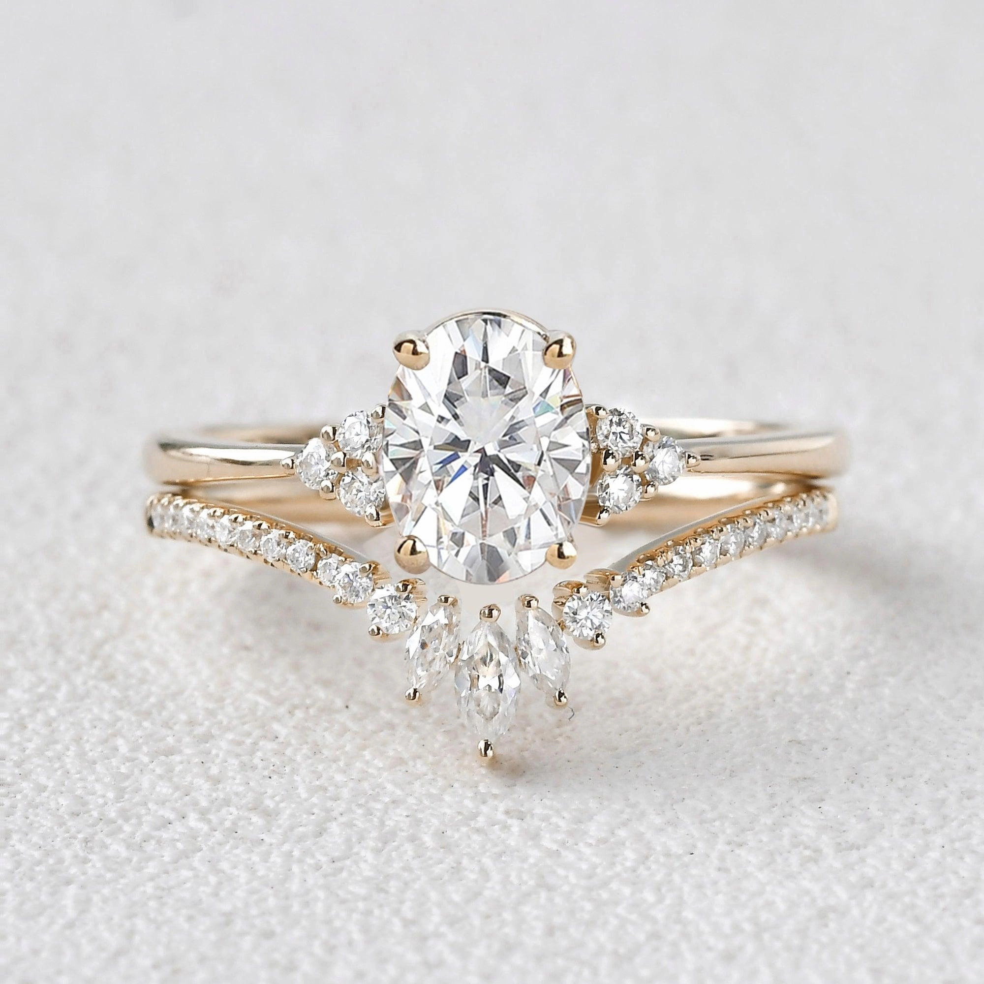 Luminous Shine Silky Finish 1.5ct Oval Cut Moss Agate Classic Cluster Gold Ring Set 2pcs - Lydia