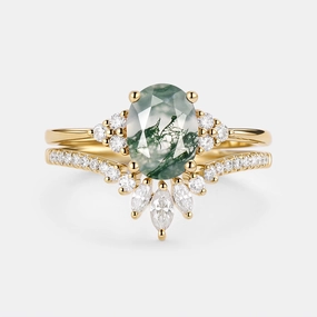 Chic Sparkle 1.5ct Oval Cut Moss Agate Classic Cluster Gold Ring Set 2pcs - Lydia