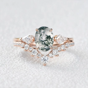 1.5ct Oval Moss Agate Three Stones Engagement Ring Set 2pcs Dress Up Time Soft Reflection