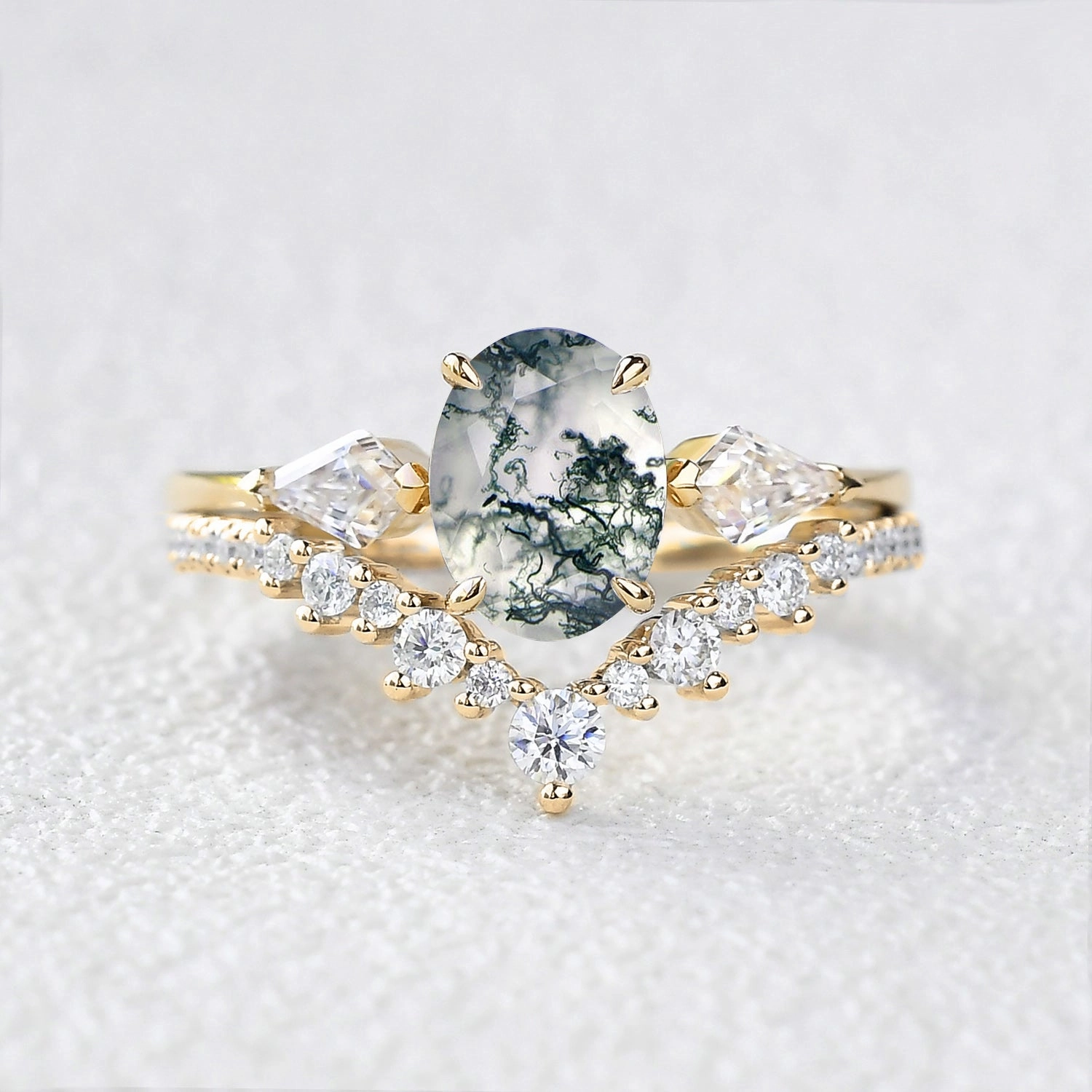 1.5ct Oval Moss Agate Three Stones Engagement Ring Set 2pcs custom design