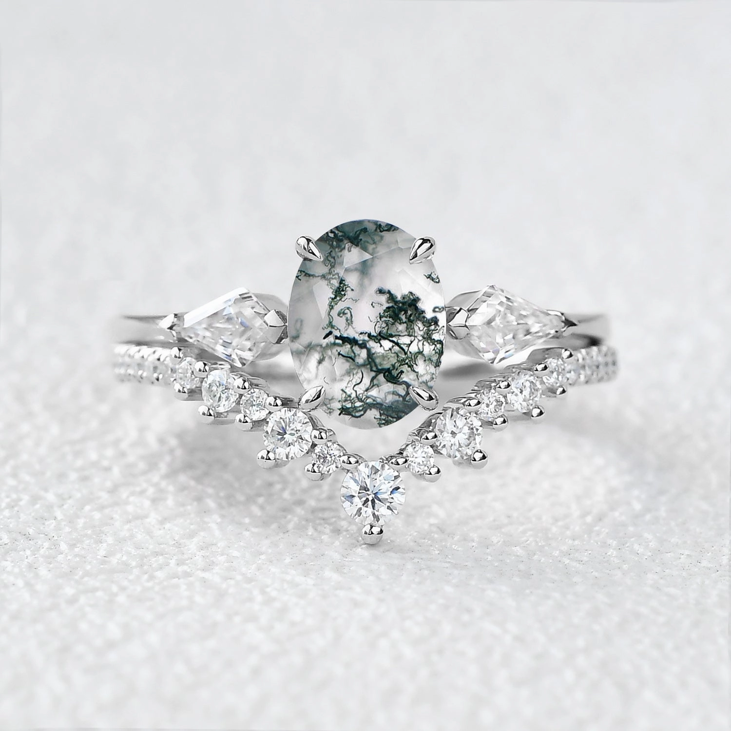 Bold Designs Refined Sparkle 1.5ct Oval Moss Agate Three Stones Engagement Ring Set 2pcs