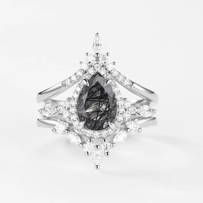 1.5ct Pear Cut Black Rutilated Quartz Gold Ring Set 3pcs - Louisa Stylish Shape Delicate Beauty