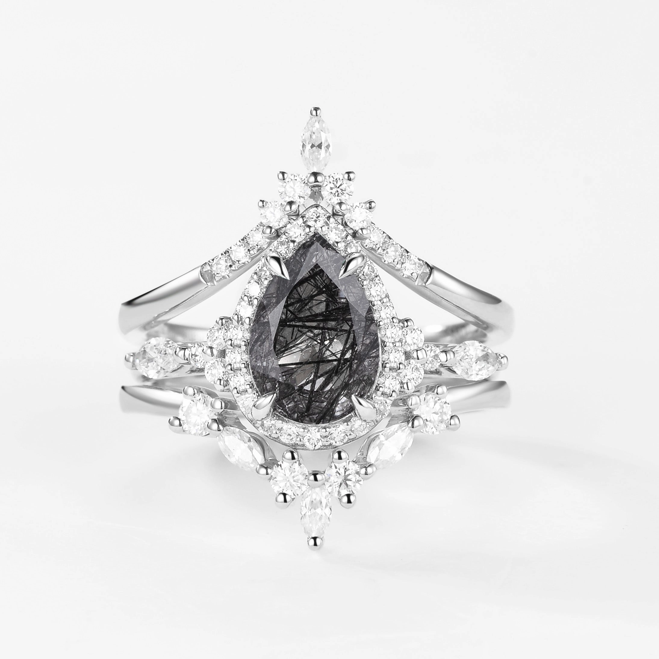 Stylish Outfit Glamorous Shine 1.5ct Pear Cut Black Rutilated Quartz Gold Ring Set 3pcs - Louisa