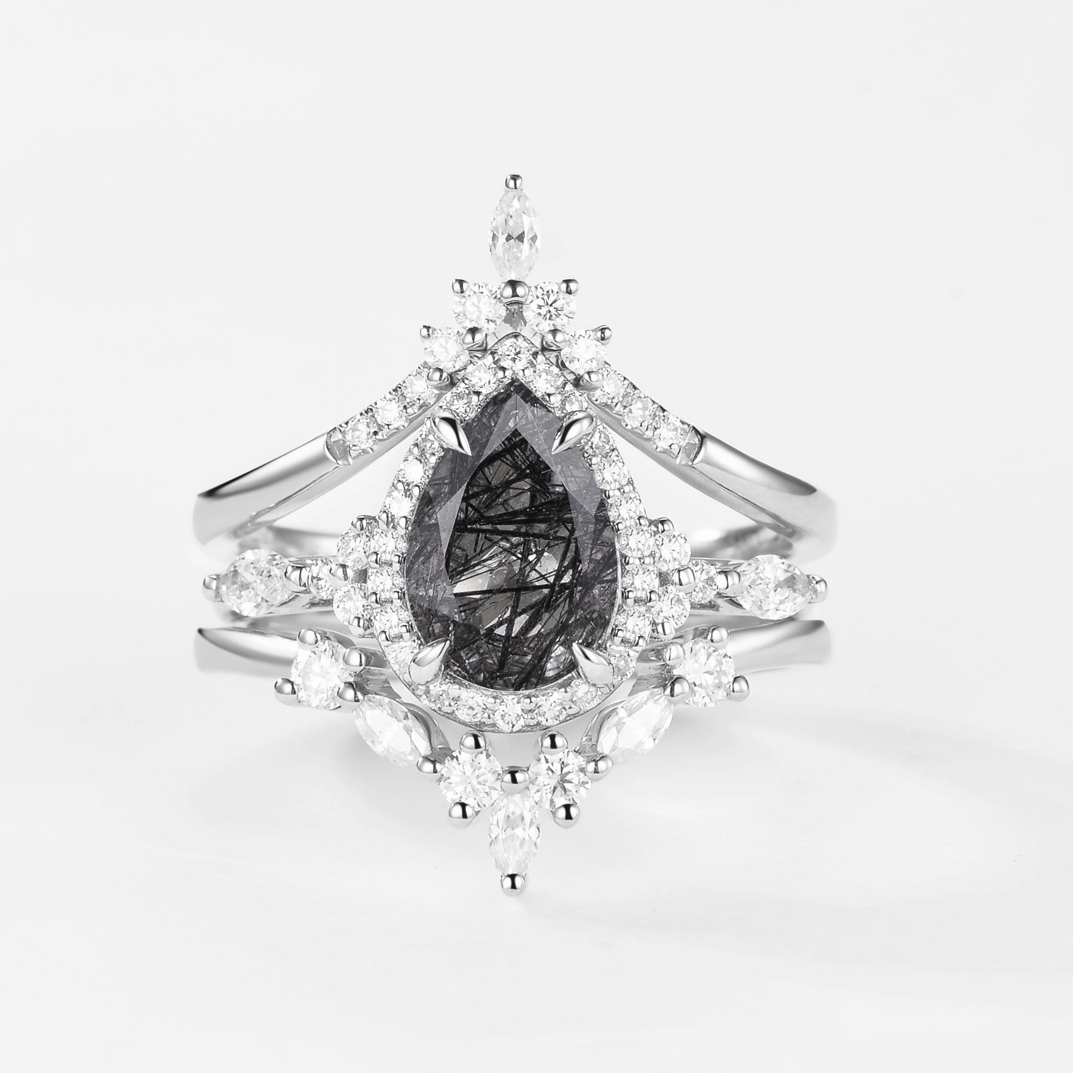 1.5ct Pear Cut Black Rutilated Quartz Gold Ring Set 3pcs - Louisa Stylish Shape Delicate Beauty