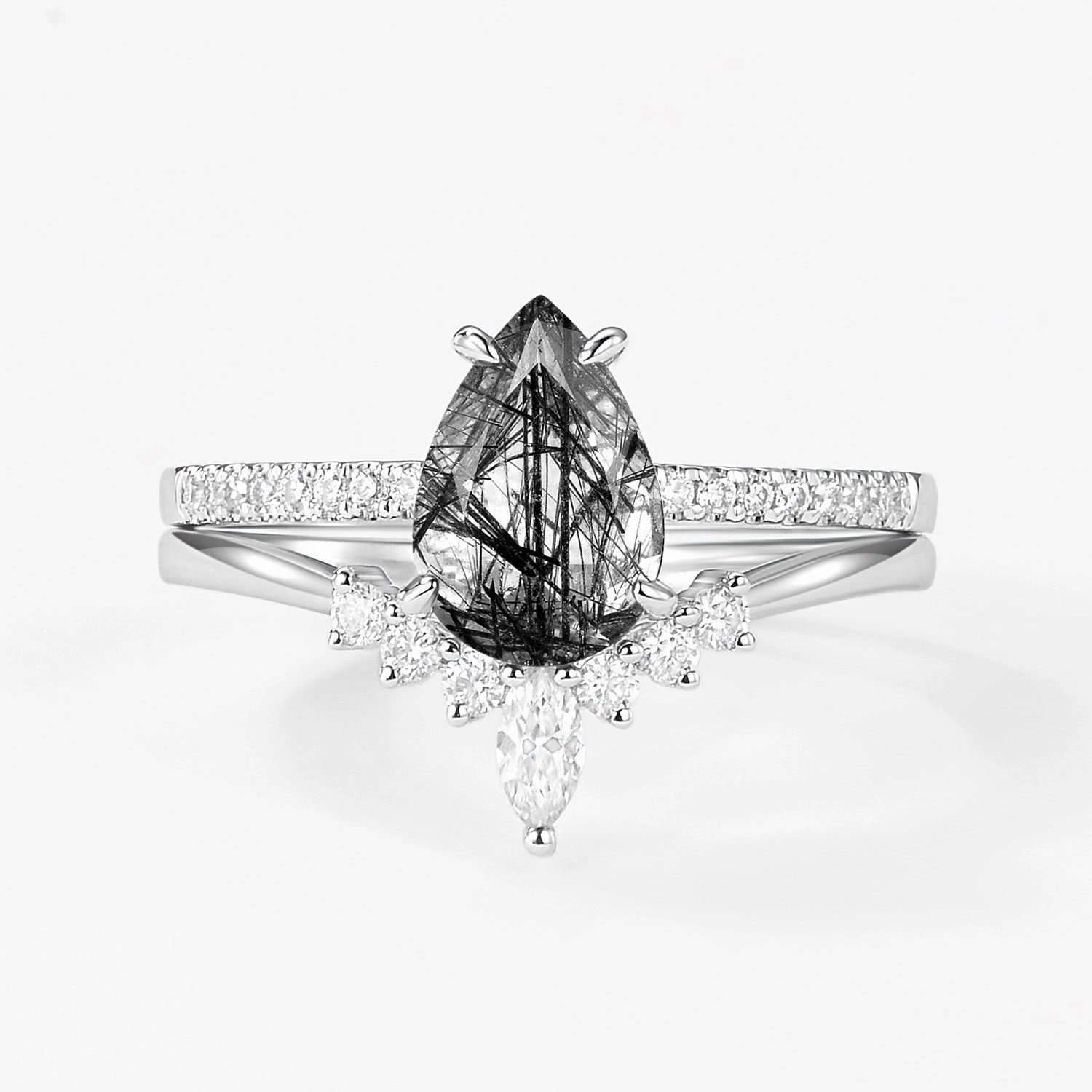 1.5ct Pear Shaped Black Rutilated Quartz Engagement Ring Set 2pcs Chic Outfit Dressy look