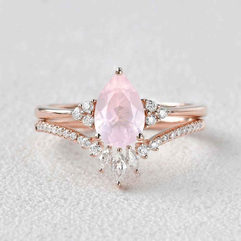 1.5ct Rose Quartz Pear Vintage Ring Set 2pcs - Lydia Refined Accessory