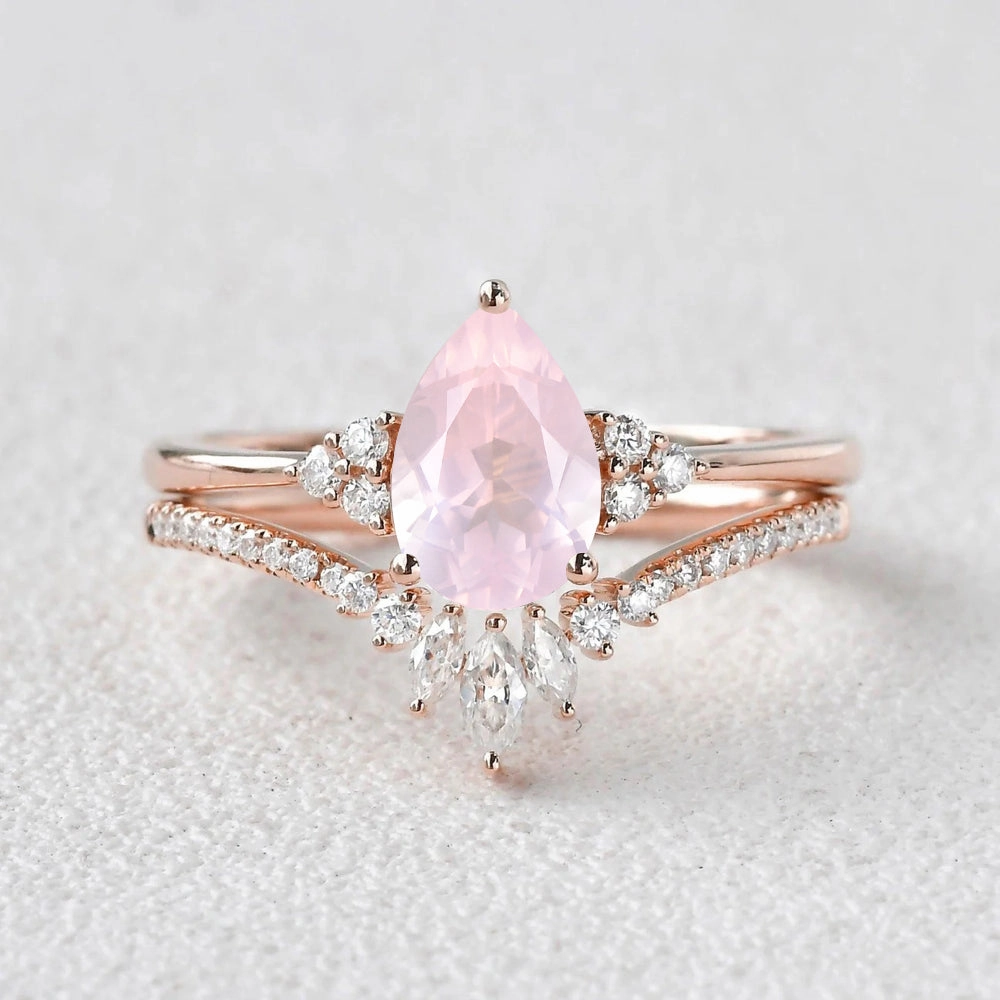 Effortless Touch Clear Finish 1.5ct Rose Quartz Pear Vintage Ring Set 2pcs - Lydia
