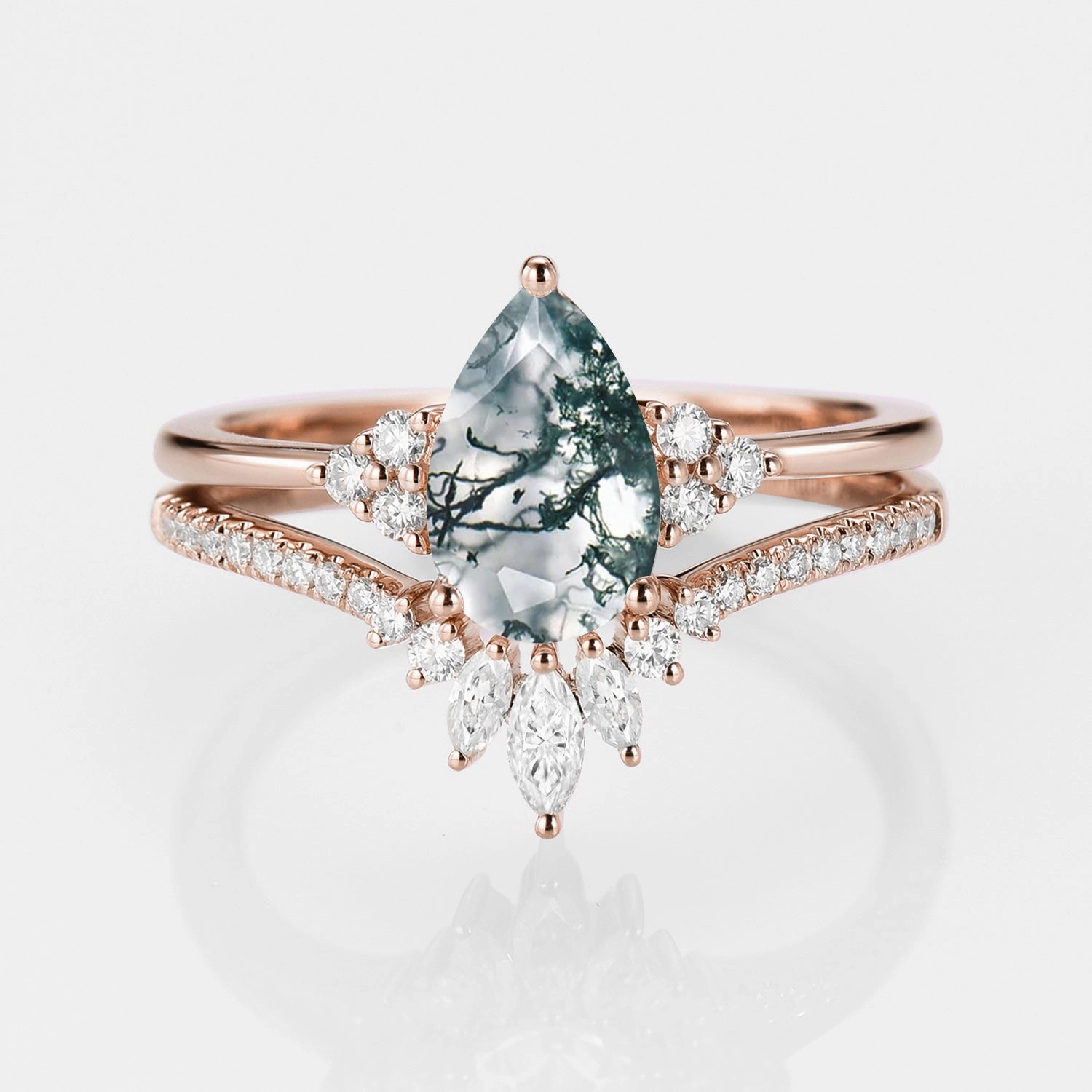 1.5ct Signature Pear Vintage Moss Agate Engagement Ring Set 2pcs - Lydia Engagement Style Ethereal Accent