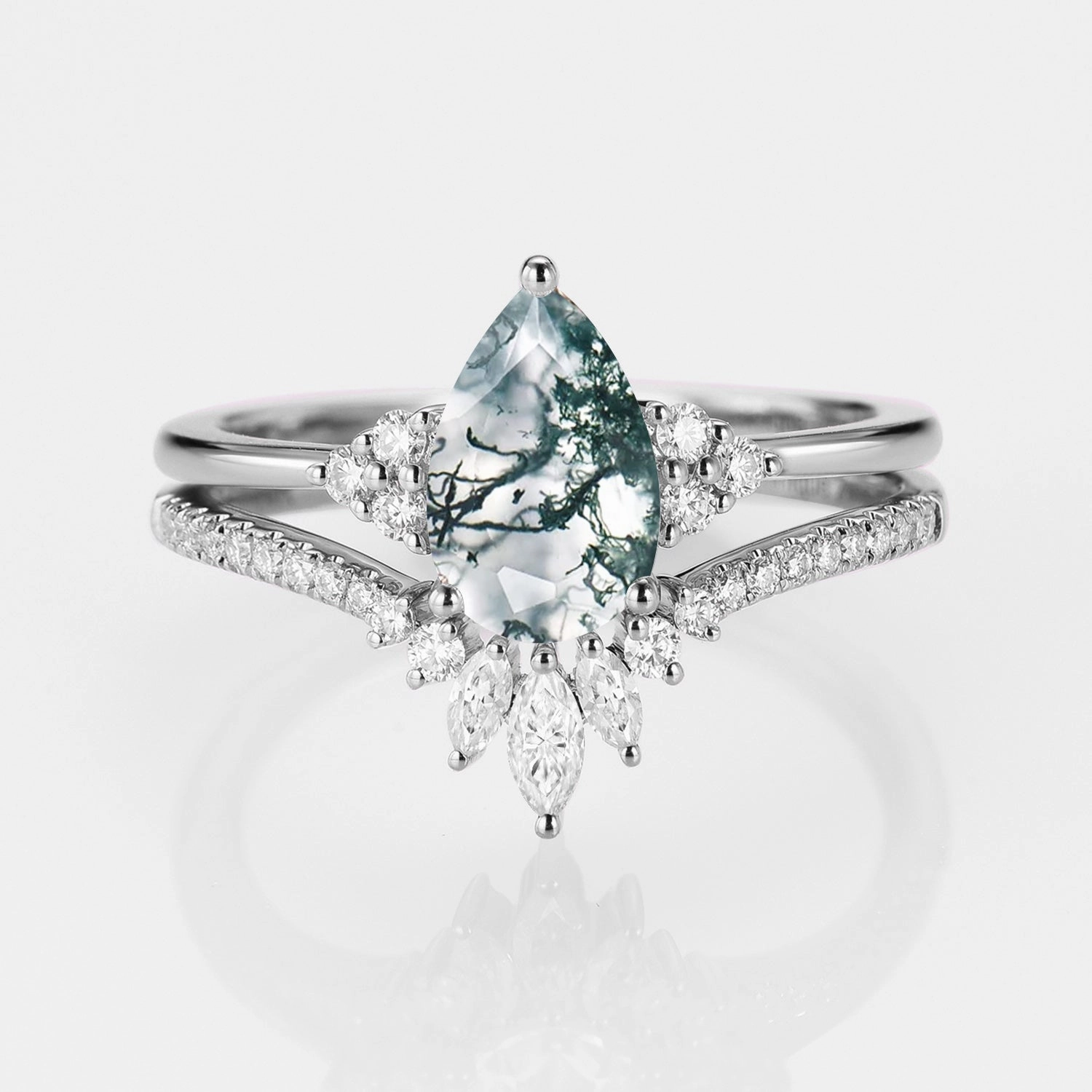 Vogue Accent Vivid Sparkle 1.5ct Signature Pear Vintage Moss Agate Engagement Ring Set 2pcs - Lydia