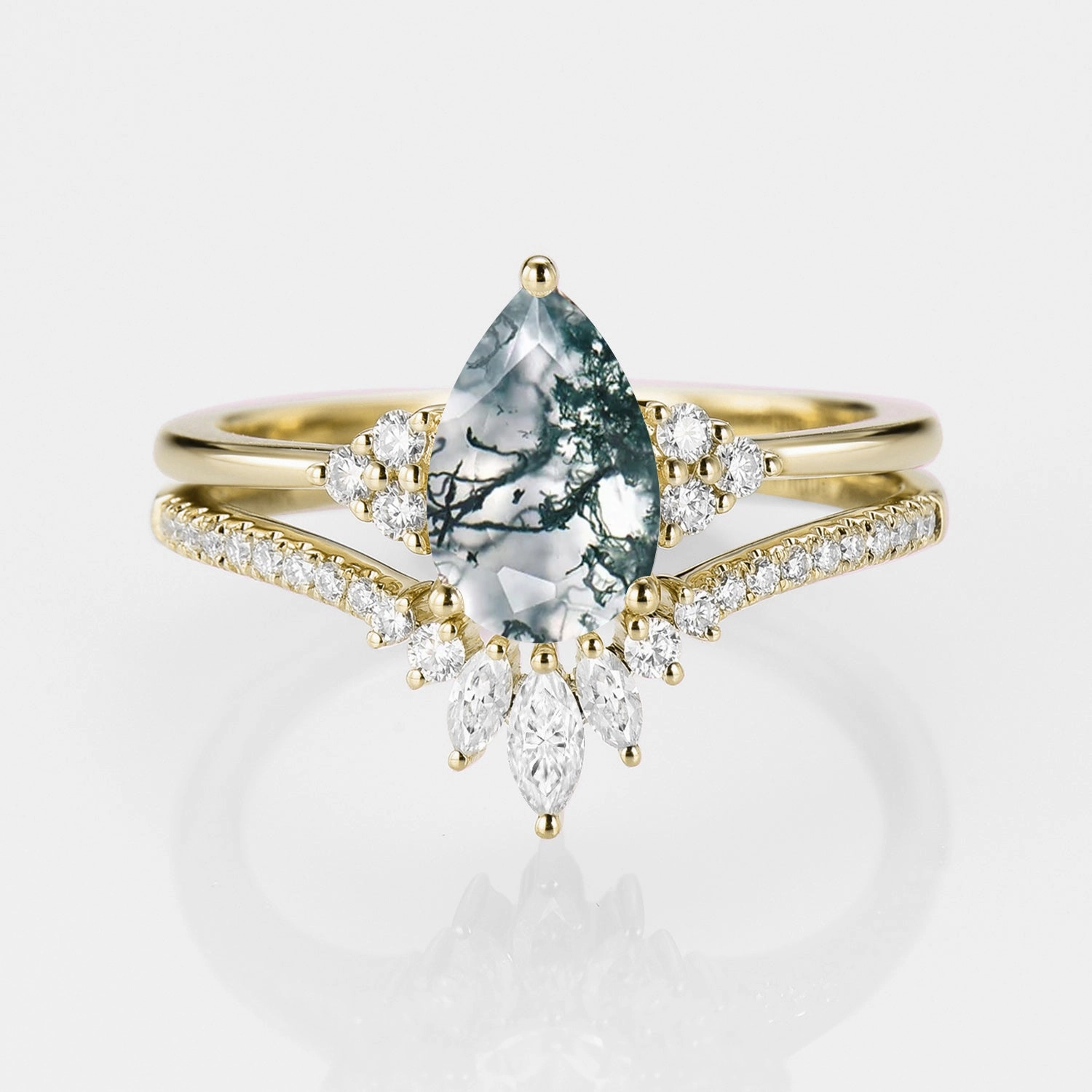 1.5ct Signature Pear Vintage Moss Agate Engagement Ring Set 2pcs - Lydia Stylish Moment Timeless Shine Craftwork