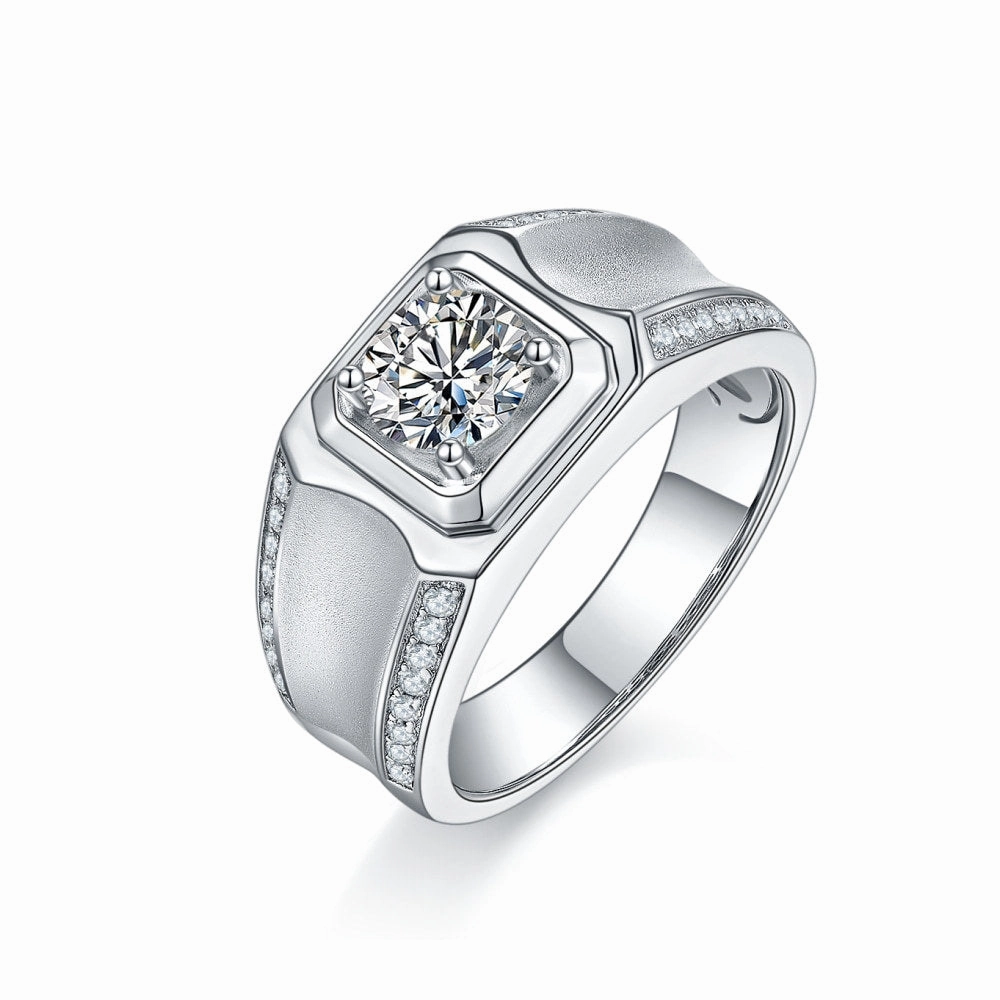 1 Carat Moissanite Mens Engagement Ring Band in Sterling Silver Glamorous Edge Charming Radiance