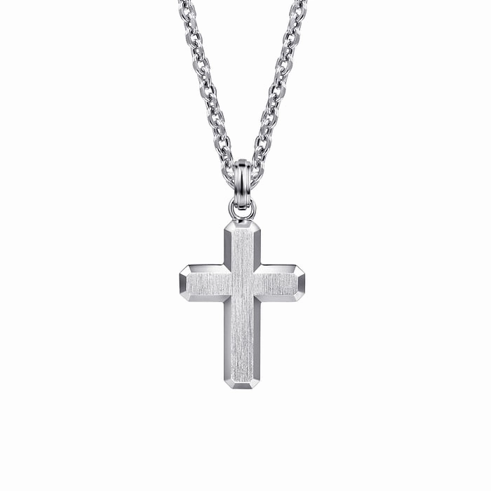 Sleek Radiance Shiny Touch 22 Inch 925 Sterling Silver Brushed Cross Pendant Necklace