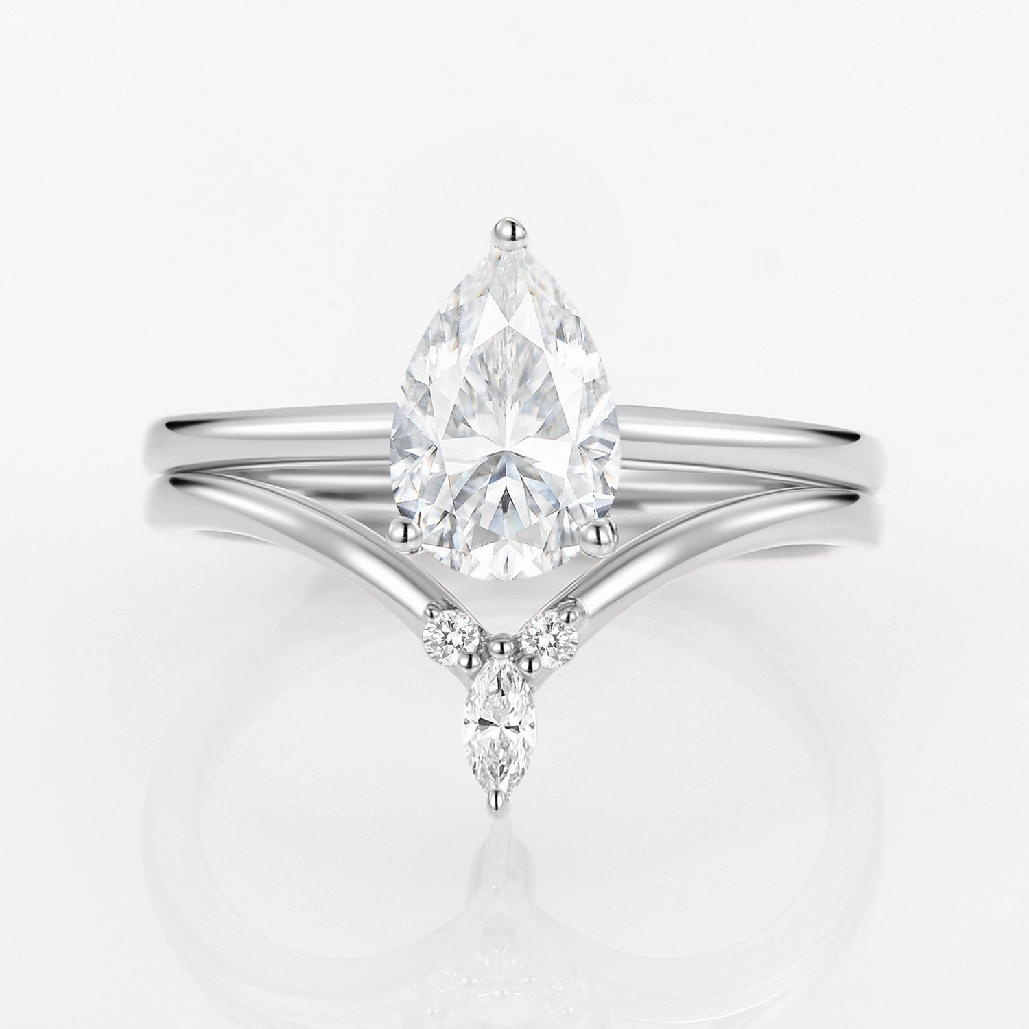 Gloss Touch 2.0ct Pear Moissanite Classic Solitaire Ring Set 2pcs