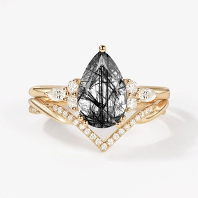 Lustrous Detail 2.0CT Pear Shaped Black Rutilated Quartz Infinity Stacking Ring Set 2pcs