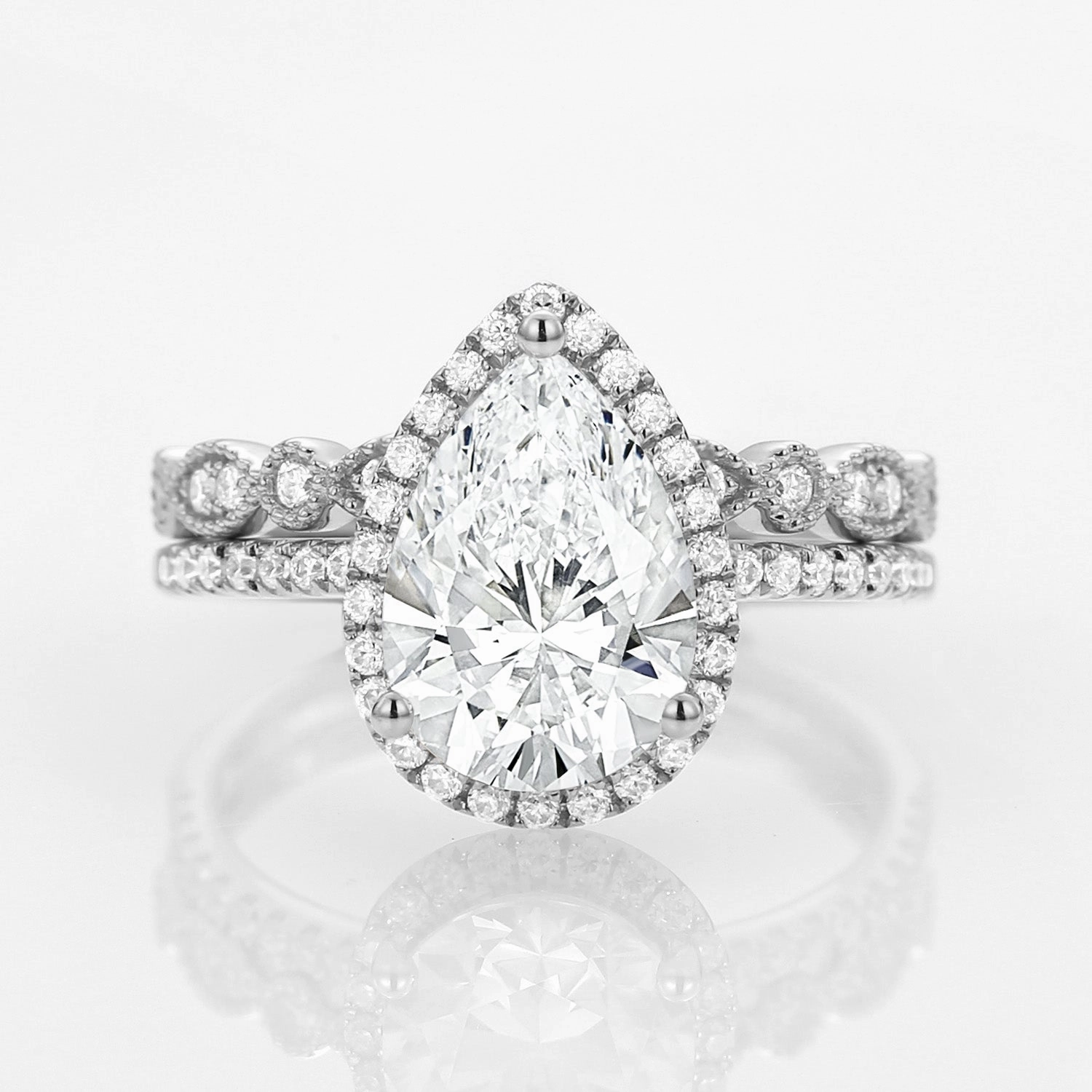 2.0ct Vintage Halo Pear Lab Grown Diamond Ring Set 2pcs Unique Spark
