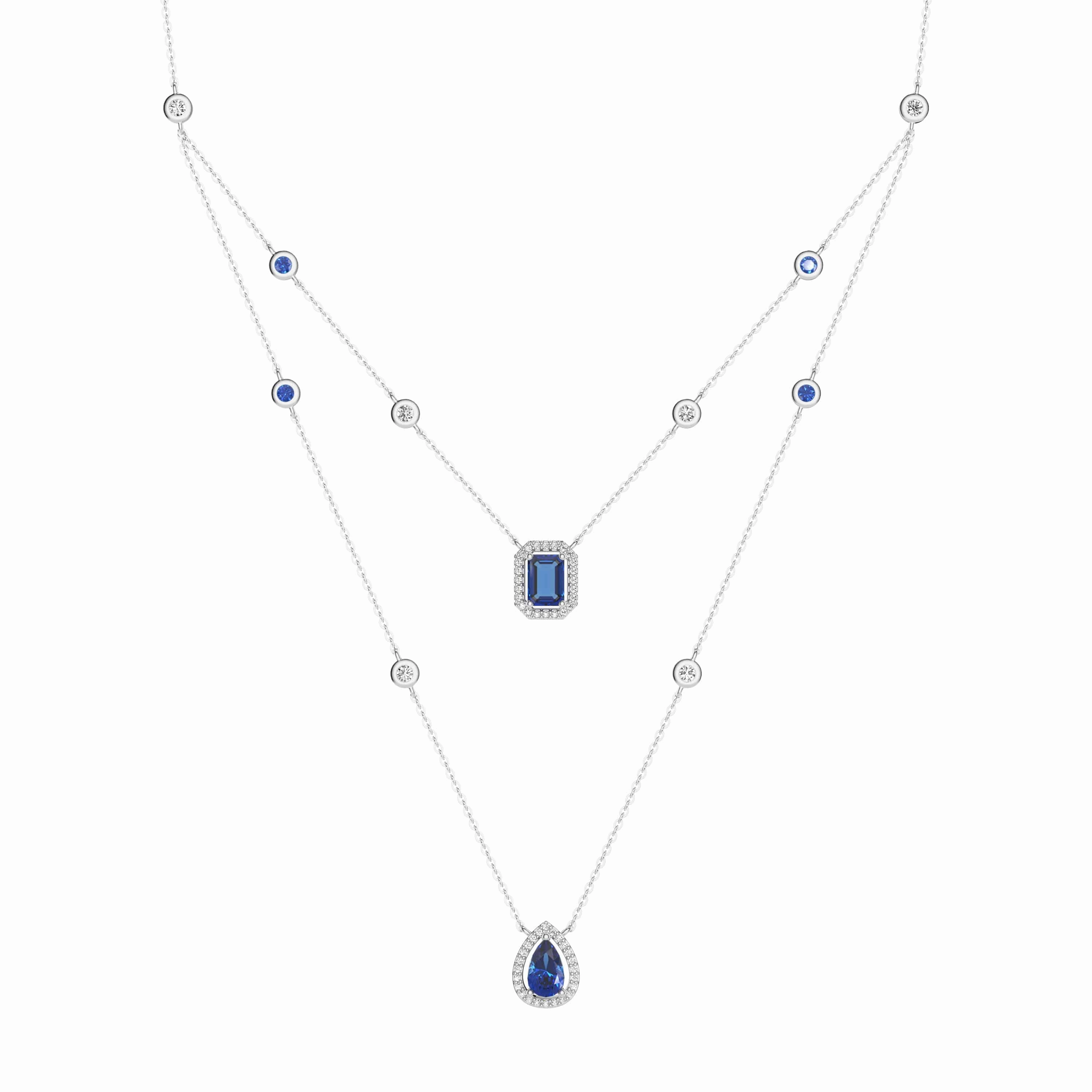 Everyday Essential Heirloom Feel 2.98 CT. Pear & Emerald Cut Sapphire Halo Layered Necklace