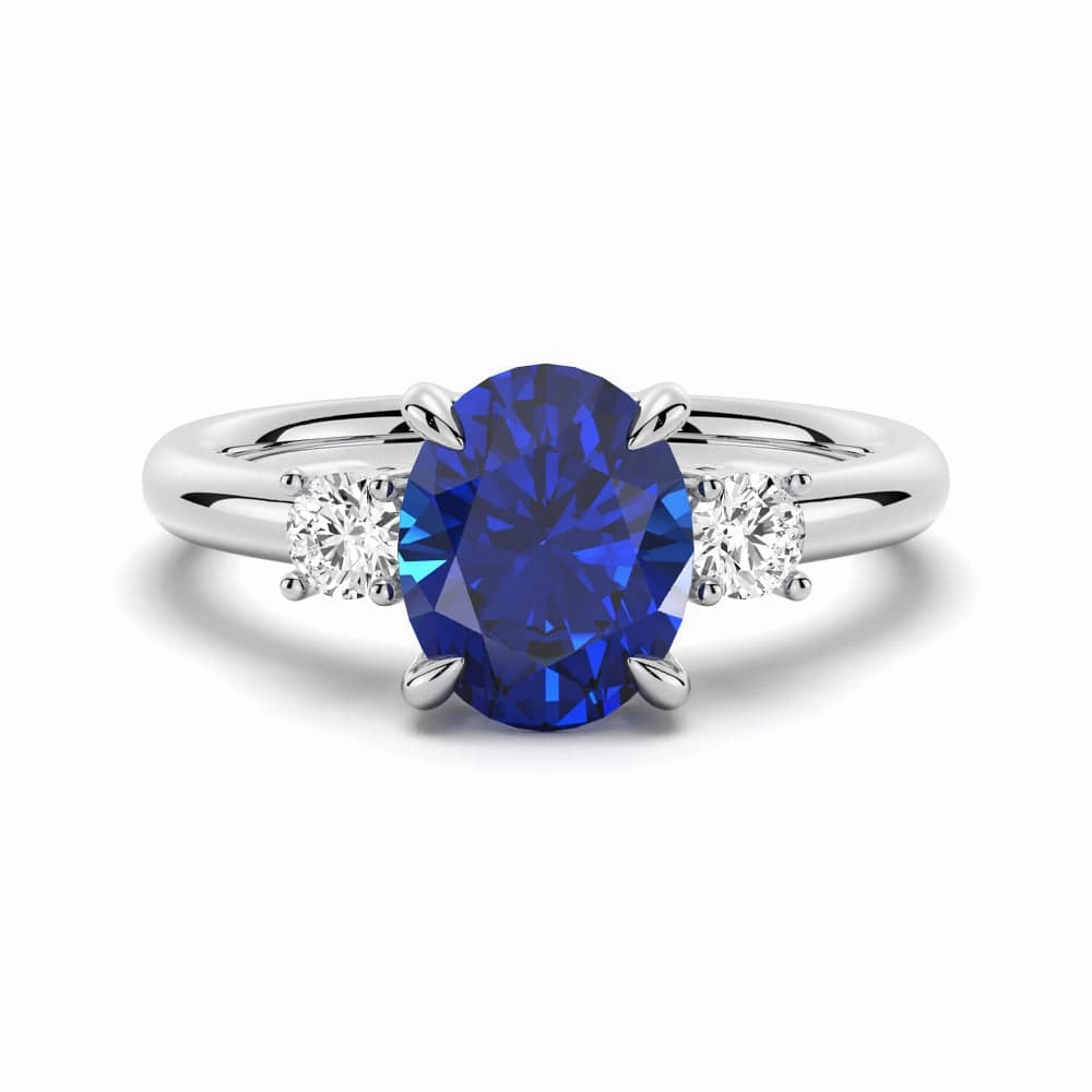 2 CT. Oval Blue Sapphire and White Sapphire Three Stone Ring Shiny Treasures