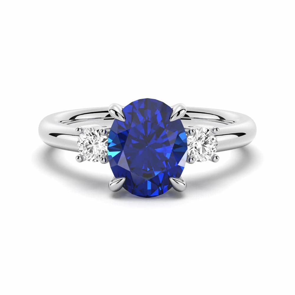 2 CT. Oval Blue Sapphire and White Sapphire Three Stone Ring Fashion Pairing