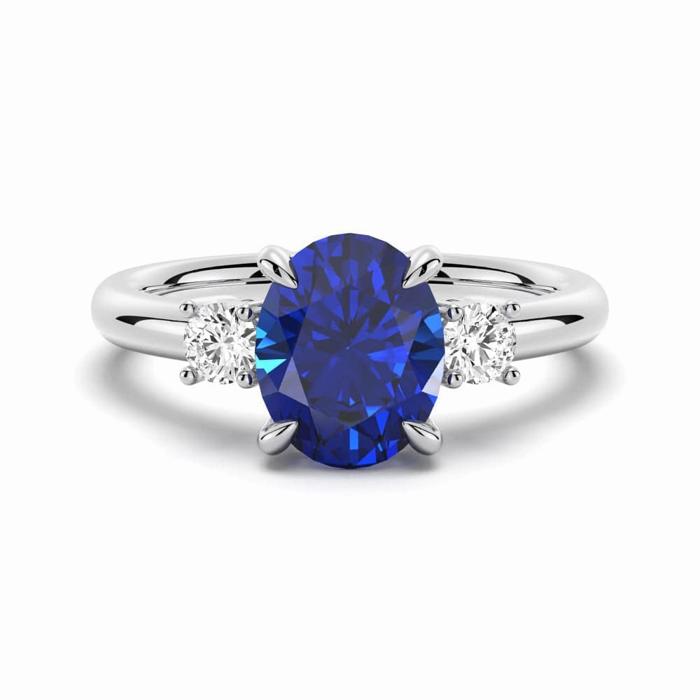 2 CT. Oval Blue Sapphire and White Sapphire Three Stone Ring Graceful Detail