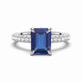 3 CT. Side Stone Lab Grown Sapphire Engagement Ring With Hidden Halo Ornate Accent Minimal Accent