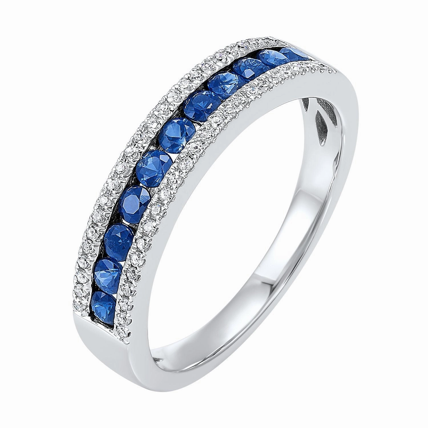 3-Row Sapphire and Diamond Ring 14K White Gold Light Duty Fine Accessory