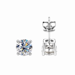Vivid Finish 4-Prong Round Silver Minimalist Simple Diamond Earrings | S925 | Moissanite