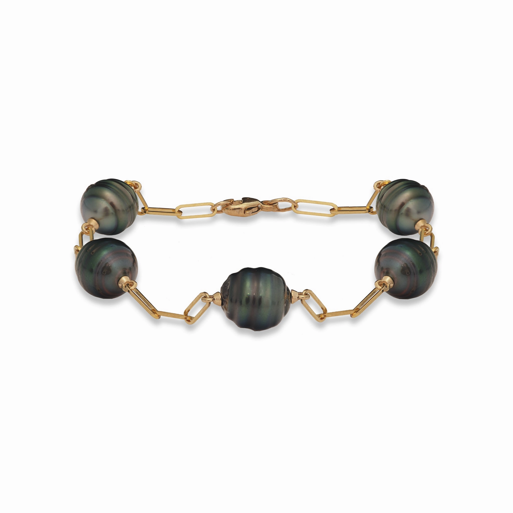 7.5-8" Paperclip Chain Tahitian Black Pearl Bracelet in Gold - 9-10mm Radiant Accent Flawless Glow