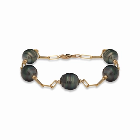 7.5-8" Paperclip Chain Tahitian Black Pearl Bracelet in Gold - 9-10mm Radiant Accent Flawless Glow