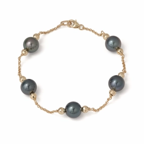 7.5-8" Tahitian Black Pearl Bracelet in Gold - 9-10mm Delicate Beauty
