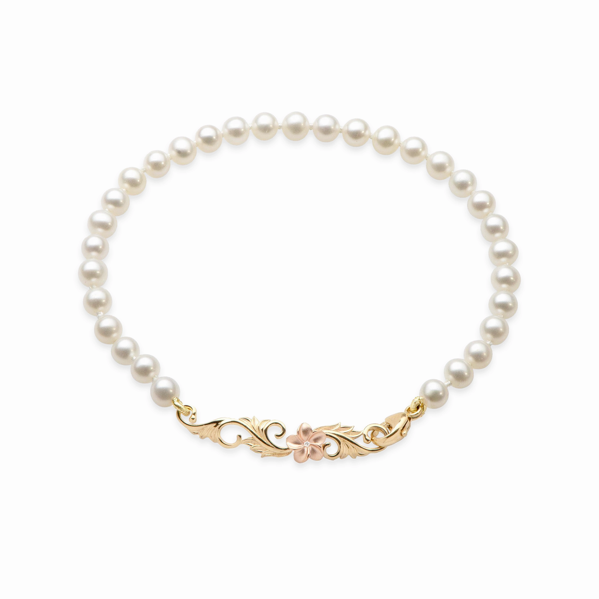 Handmade Beauty 7-7.5" Hawaiian Heirloom Plumeria Freshwater White Pearl Bracelet in Two Tone Gold with Diamond