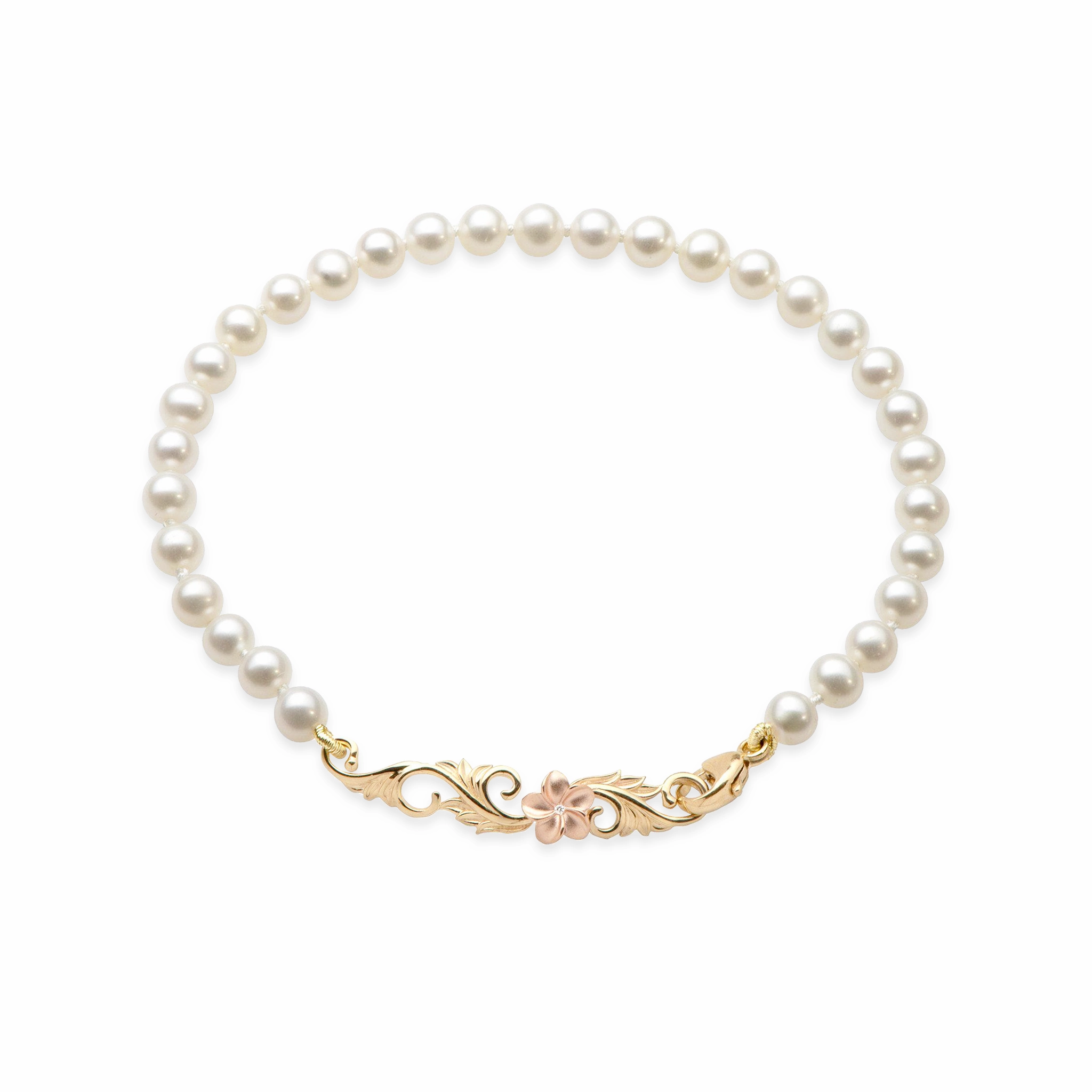 7-7.5" Hawaiian Heirloom Plumeria Freshwater White Pearl Bracelet in Two Tone Gold with Diamond Glow Up Look Effortless Match