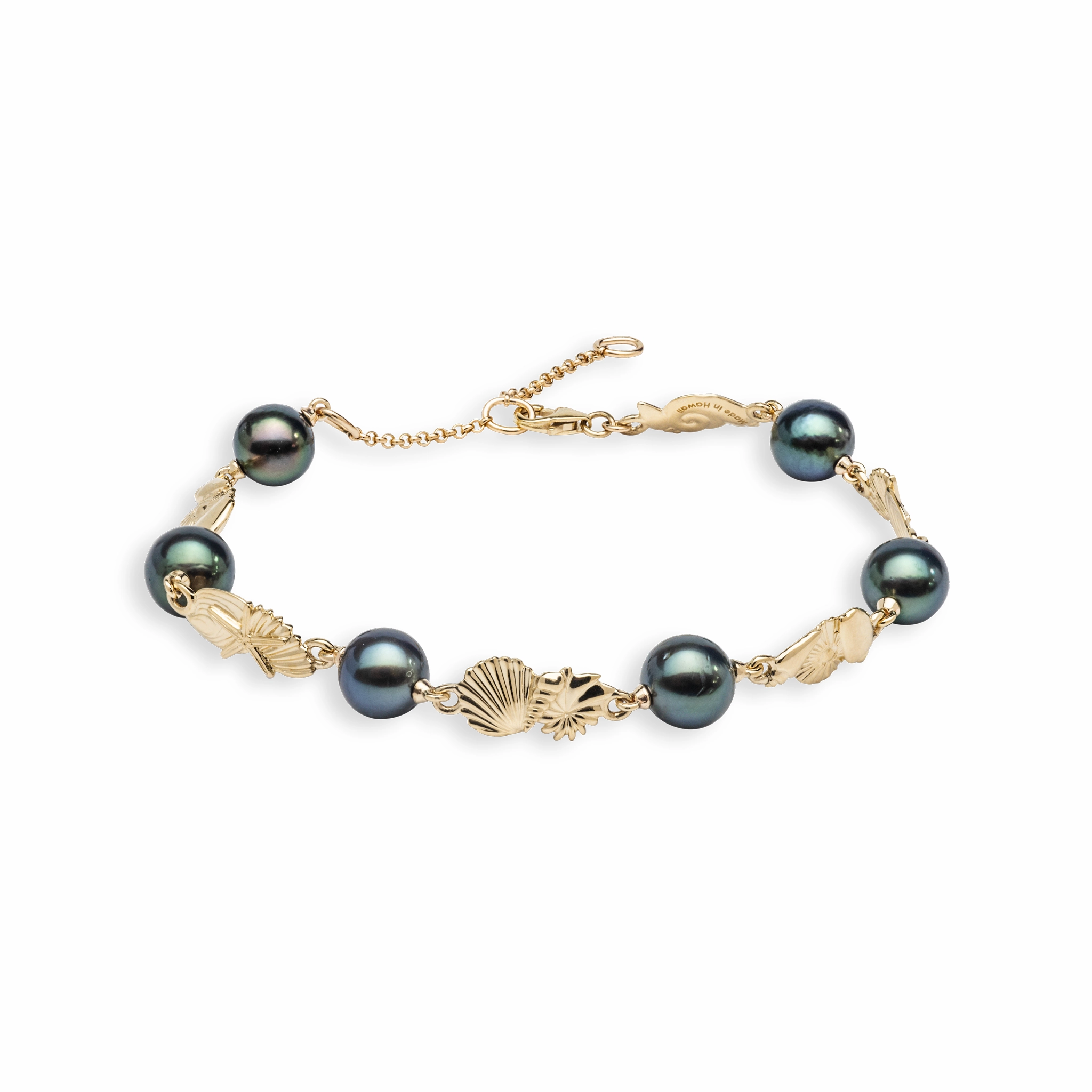7-9" Adjustable Seashells Tahitian Black Pearl Bracelet in Gold Casual Classic Sculpted Touch