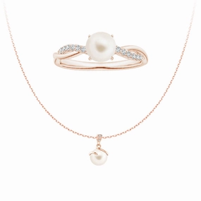 8mm Freshwater Cultured Pearl Pendant And  Ring Set with Moissanite Accent Bright Accent