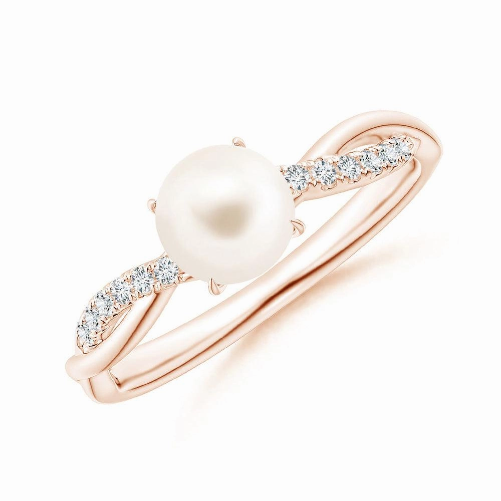 Distinctive Detail 8mm Freshwater Cultured Pearl Twisted Band Shank Ring with Moissanite Pav??