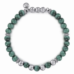 925 Sterling Silver and Malachite Beaded Bracelet Charming Features Dramatic Flare